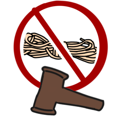 light brown rope with a big red 'not allowed' circle and line through it. in front of it is a gavel